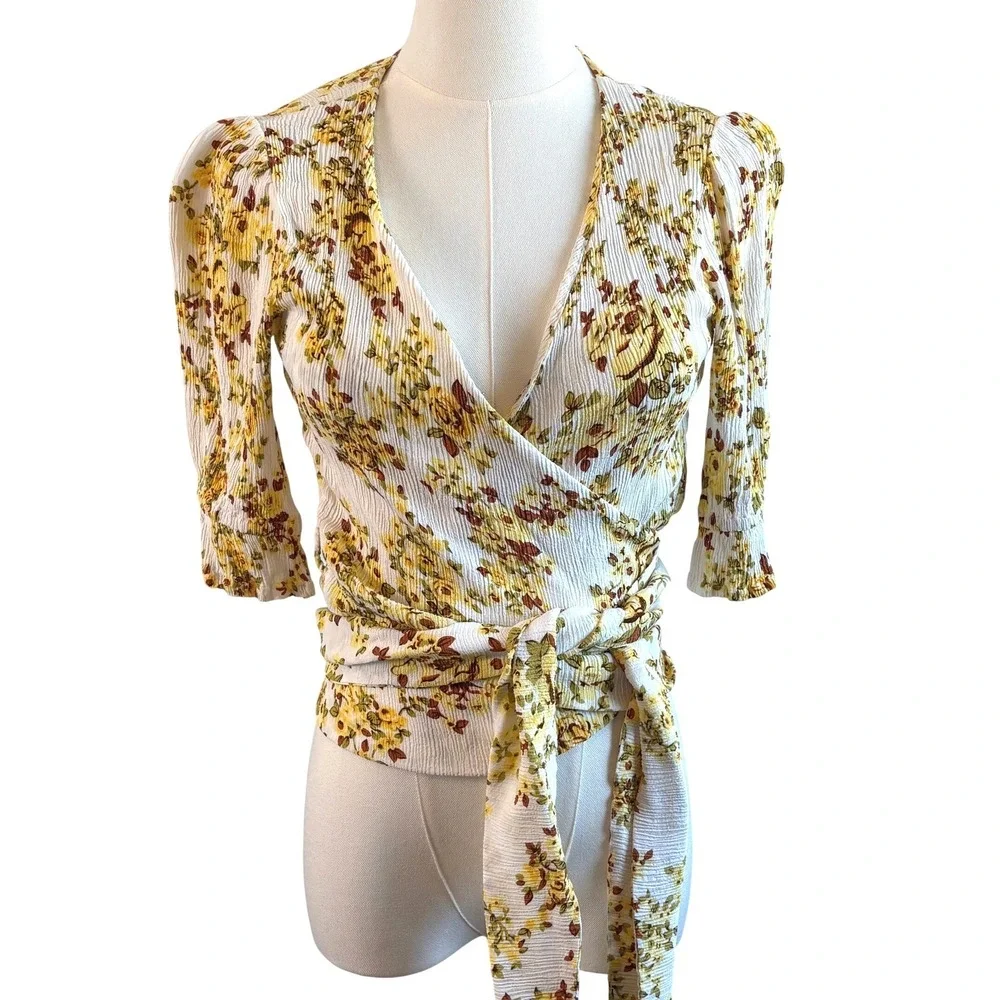 Faithfull The Brand Wrap Top Yellow Floral Womens Medium Rayon Cottagecore Beach